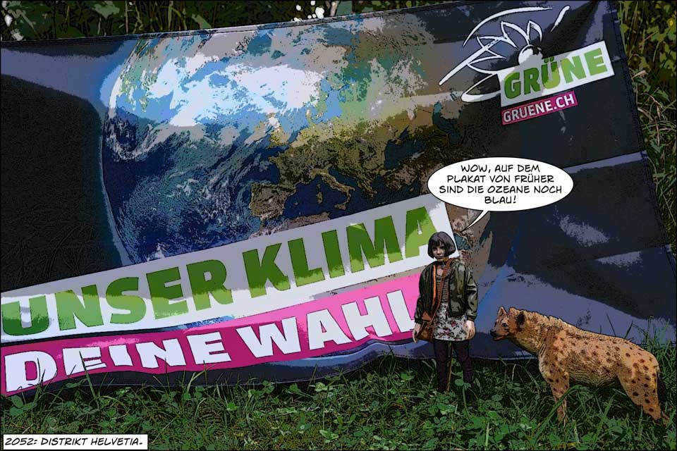 Klimaaktivistin Luna mit Hyäne vor Propagandaplakat von damals